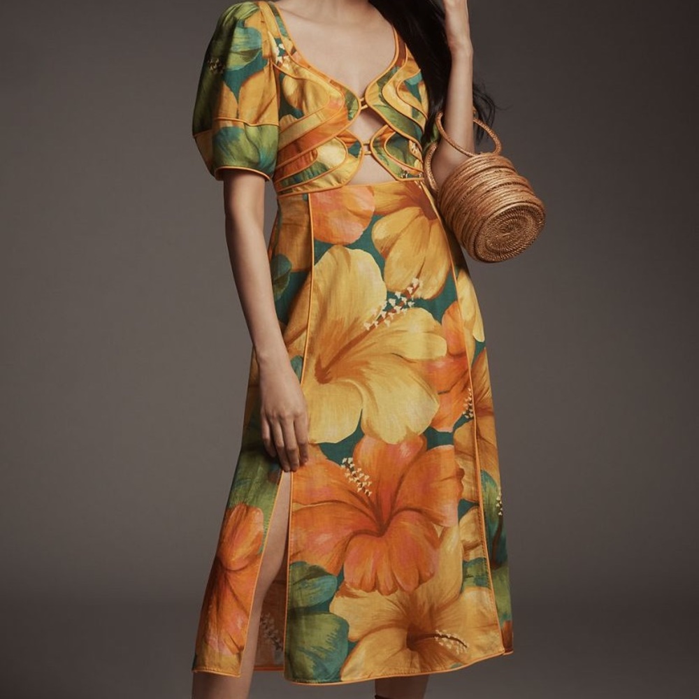 New FARM Rio x Anthropologie Linen Blend Short Sleeve Floral Midi Dress